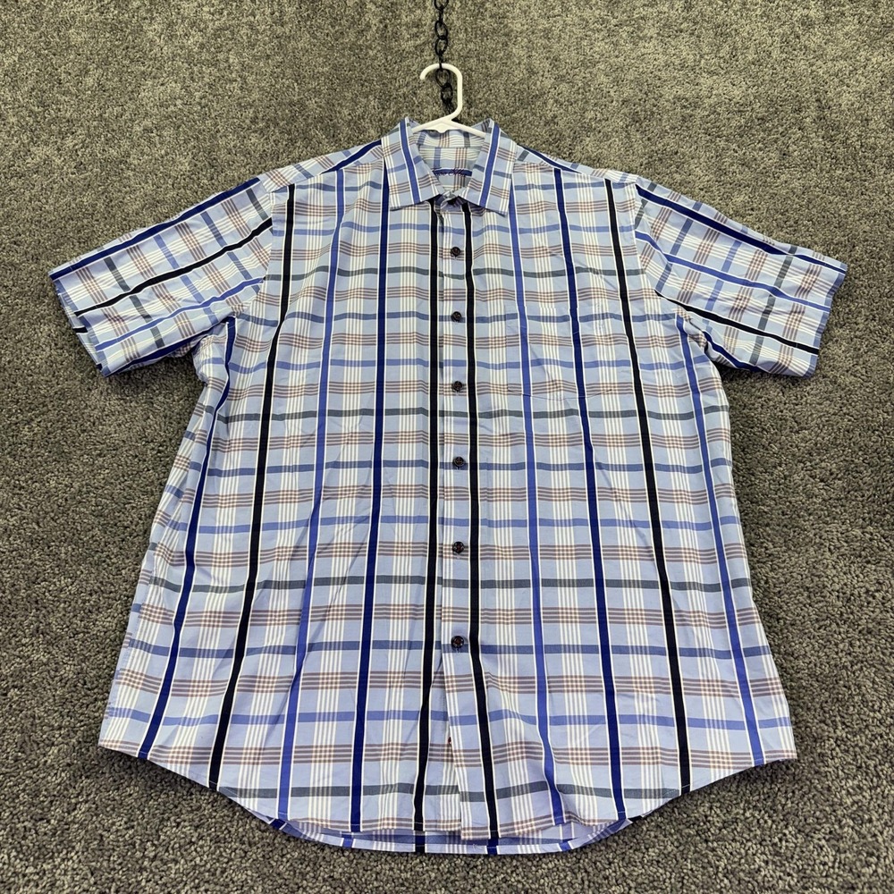 Tasso Elba Shirt Mens Large Blue Plaid Short Sleeve Button Up Cotton Casual